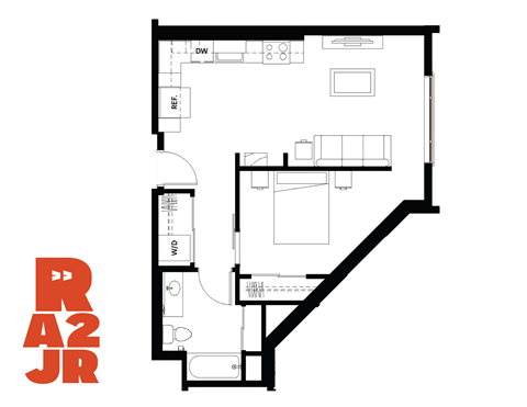 Floor plan for 1 bed, 1 bath, 657 sqft